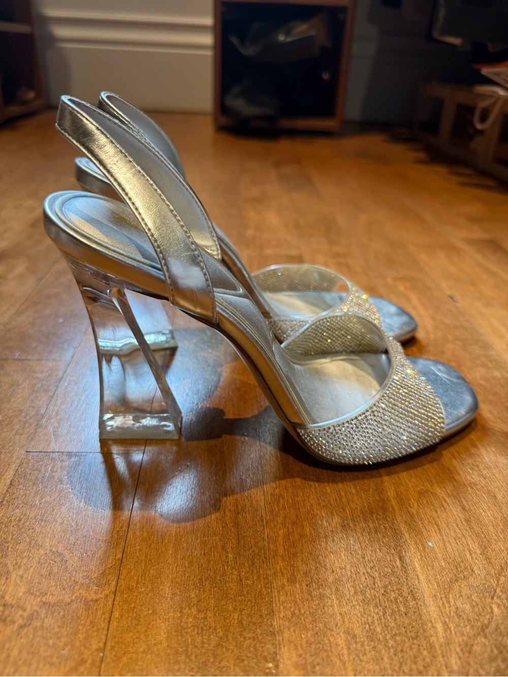 Aldo Silver Crystal Slingback Heels with Clear Sculpted Block Heel